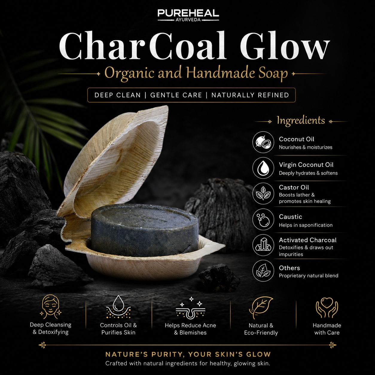PureHeal Charcoal Glow Handmade Soap – Deep Clean & Gentle Care